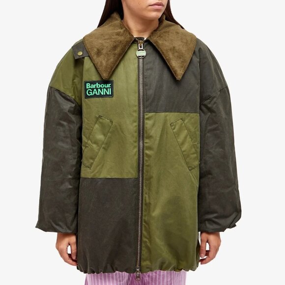 BARBOUR x Ganni Tartan Waxed Cotton Bomber Jacket Green Size UK 6 US 2 - Picture 1 of 9